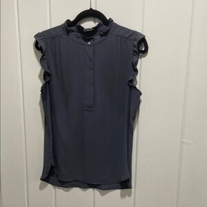 LOFT Gray Sleeveless Ruffled Blouse with Mandarin Collar